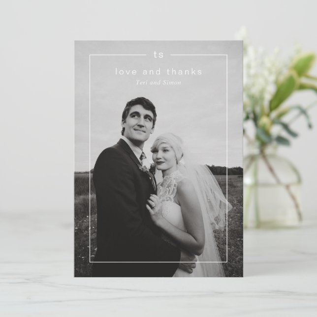 Timeless Black and White Photo Modern Wedding Tack Kort (Stående Fram)