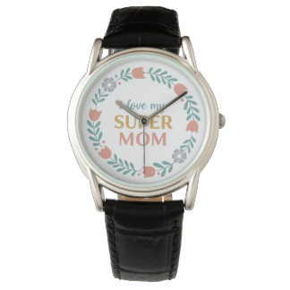 Timeless Black Leather I Love My Super Mom Watch Armbandsur