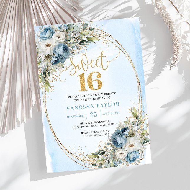 Timeless Blue and White Floral Sweet Sixteen   Inbjudningar (Timeless Blue and White Floral Sweet Sixteen Invitation)