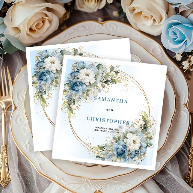 Timeless Blue Floral Gold Wedding Napkins Pappersservett (Timeless Blue Floral Gold Wedding Napkins)