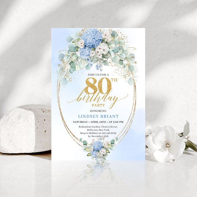 Timeless Blue Hydrangea Gold 80th Birthday Invite Inbjudningar (Timeless Blue Hydrangea Gold 80th Birthday Invite)