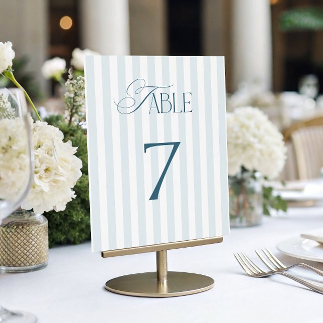 Timeless Blue Stripes Wedding Table Number 7 Sign Inbjudningar (Skapare uppladdad)