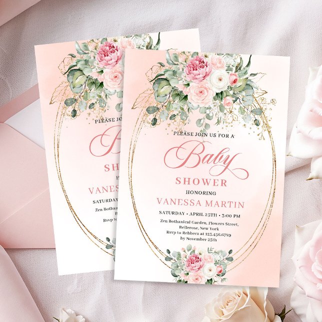 Timeless Blush Floral Gold Girl Baby Shower Invite Inbjudningar (Timeless Blush Floral Gold Girl Baby Shower Invite)