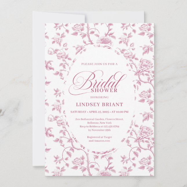 Timeless Blush Pink Toile Roses Pattern Bridal Sho Inbjudningar (Framsida)