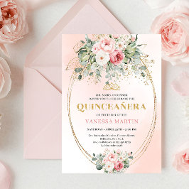 Timeless Blush Roses Eucalyptus Quinceañera Invite Inbjudningar
