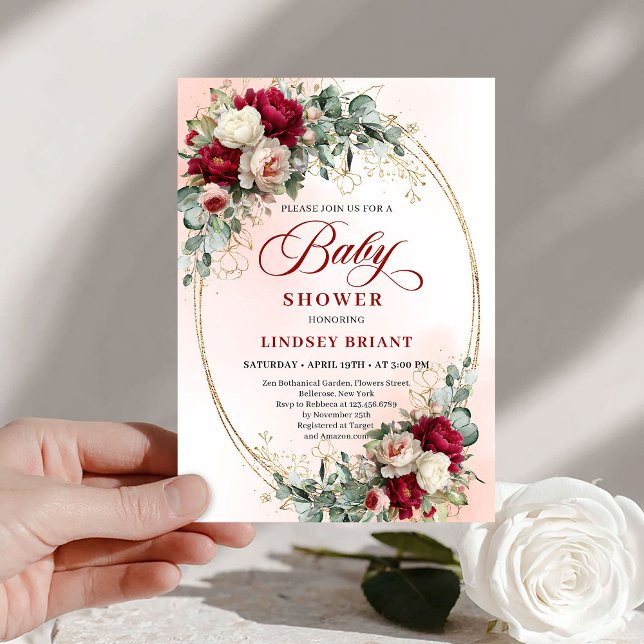 Timeless Bohemian Burgundy Floral Gold Baby Shower Inbjudningar (Timeless Bohemian Burgundy Floral Baby Shower Invite)
