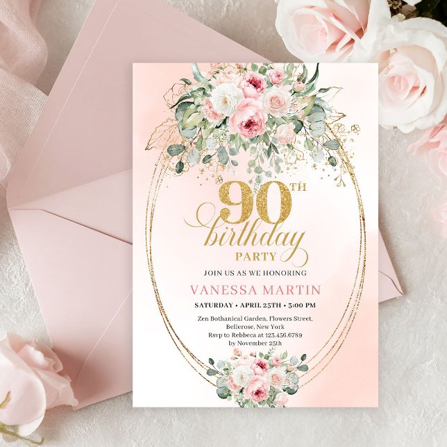 Timeless Boho Blush Roses Gold 90th Birthday Invit Inbjudningar (Elegant Blush Rose Greenery Gold 90th Birthday Invite)