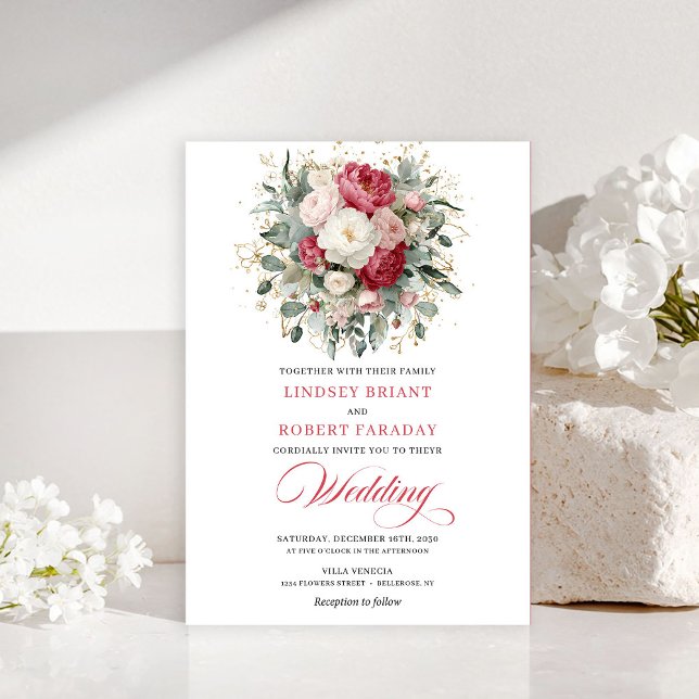 Timeless Boho Blush White Gold Floral Wedding Inbjudningar (Timeless Boho Blush White Gold Floral Wedding Invitation)