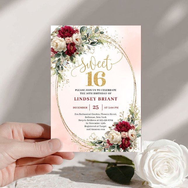 Timeless Boho Burgundy Gold Floral Sweet Sixteen  Inbjudningar (Timeless Boho Burgundy Gold Floral Sweet Sixteen Invite)
