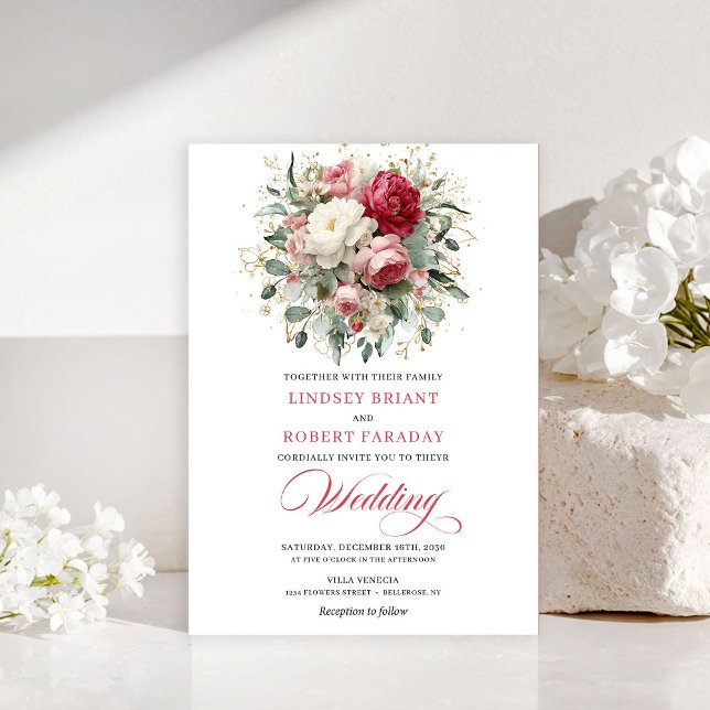 Timeless Boho Red Blush Floral Greenery Invitation Inbjudningar (Timeless Boho Red Blush Floral Greenery Invitation)