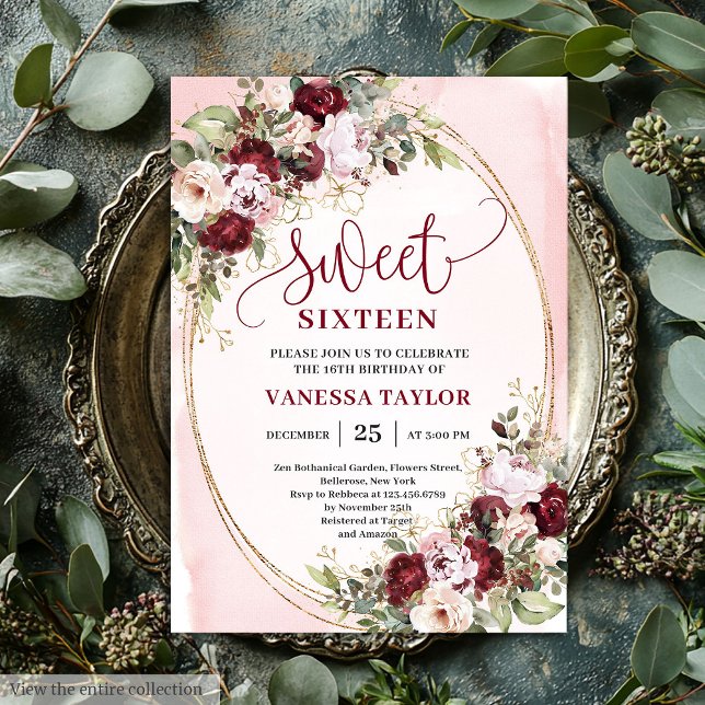 Timeless Burgundy Blush Floral Sweet 16 Invite Inbjudningar (Timeless Burgundy Blush Floral Sweet 16 Invite)