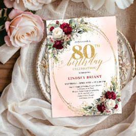 Timeless Burgundy Boho Floral 80th Birthday Invite Inbjudningar