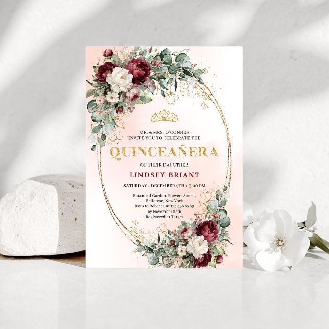 Timeless Burgundy Floral Quinceañera Invitation Inbjudningar (Timeless Burgundy Floral Quinceañera Invitation)