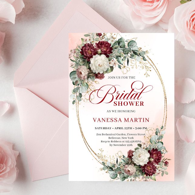 Timeless Burgundy Flowers with Gold Bridal Shower  Inbjudningar (Timeless Burgundy Flowers with Gold Bridal Shower Invite)