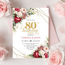 Timeless Burgundy Red Gold 80th Birthday Invite Inbjudningar