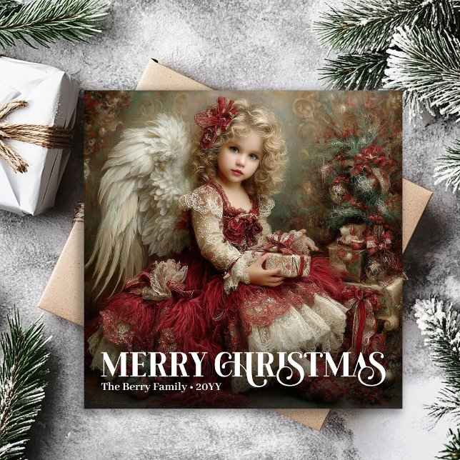 Timeless Burgundy Red Green Victorian Angel Xmas Julkort (Timeless Burgundy Red Green Victorian Angel Christmas)