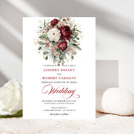 Timeless Burgundy White Floral Gold Wedding Invite Inbjudningar