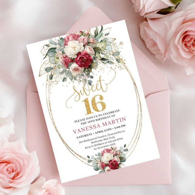 Timeless Burgundy White Greenery Sweet Sixteen  Inbjudningar (Timeless Burgundy White Greenery Sweet Sixteen Invite)