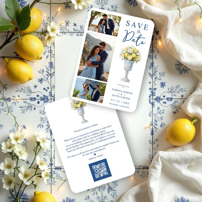 Timeless Chalice Vase Mediterranean Lemons Flowers Spara Datumet (Classic Chalice Vase with Mediterranean Lemons and Flowers 3-Photo Wedding Save the Date Cards.)