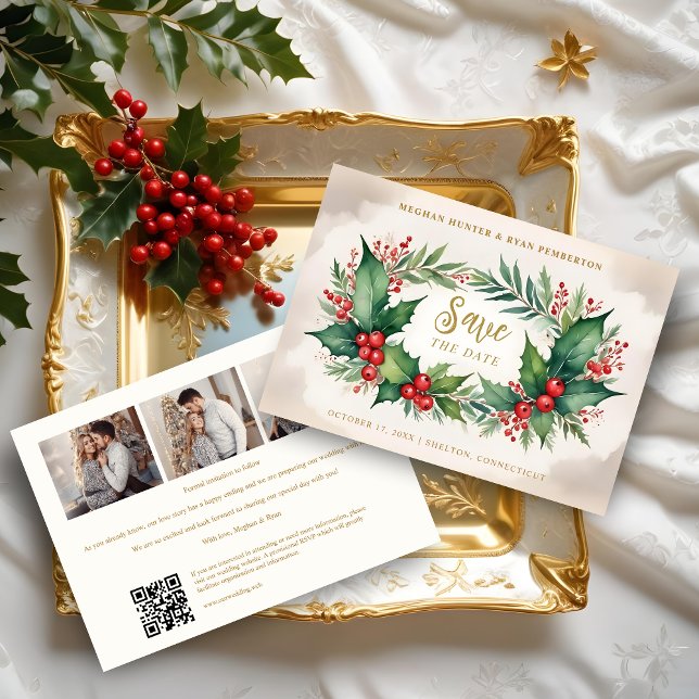 Timeless Christmas Holly Branches 3 Photos Classic Spara Datumet (Timeless Christmas Holly Branches 3 Photos Classic Collage Wedding Save the Dates Cards. )