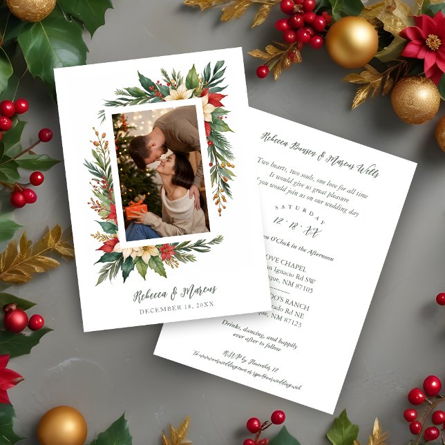 Timeless Christmas Poinsettia Photo Wedding Inbjudningar (Timeless Christmas Poinsettia Photo Wedding Invitation Card. )