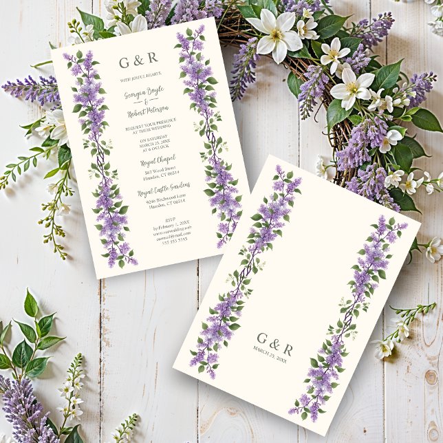 Timeless Classic Lilac Flowers Branches Wedding Inbjudningar (Chic Timeless Classic Lilac Flowers Branches Wedding Invitations Cards with Initials. )