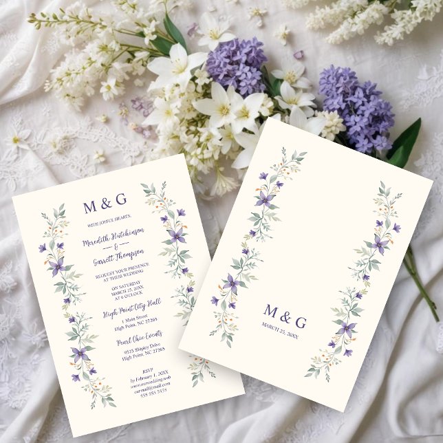 Timeless Classic Purple Flowers Branches Wedding Inbjudningar (Timeless Classic Purple Flowers & Branches Garlands Wedding Invitations Cards with Initials. )
