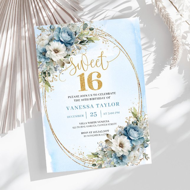 Timeless Dusty Blue Floral Gold Sweet Sixteen  Inbjudningar (Timeless Dusty Blue Floral Gold Sweet Sixteen Invite)