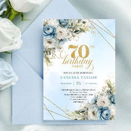 Timeless dusty blue florals gold frame 70 birthday inbjudningar