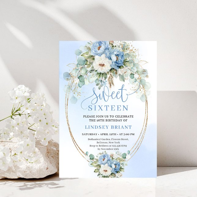 Timeless Dusty Blue Peony Gold Sweet 16 Birthday  Inbjudningar (Timeless Dusty Blue Peony Gold Sweet 16 Birthday Invite)