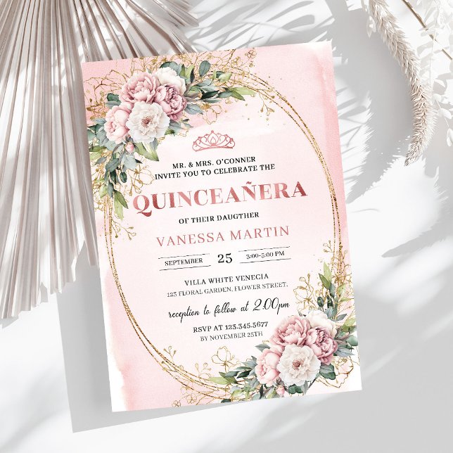 Timeless Dusty Pink Floral Greenery Quinceañera  Inbjudningar (Timeless Dusty Pink Floral Greenery Quinceañera Invitation

)