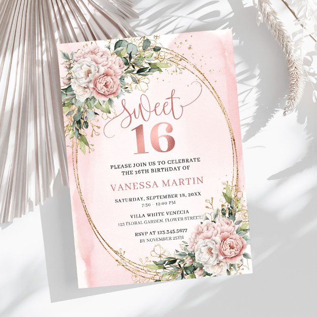 Timeless Dusty Pink Floral Greenery Sweet Sixteen  Inbjudningar (Timeless Dusty Pink Floral Greenery Sweet Sixteen Invitation

)