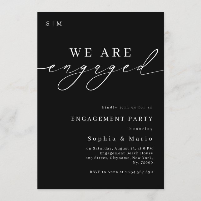 Timeless Elegant Monogram Black Engagement Party Inbjudningar (Framsida)