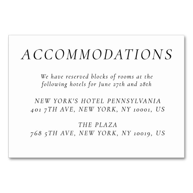 Timeless Elegant White Wedding Accommodation Cards Bordsnummer (Framsidan)