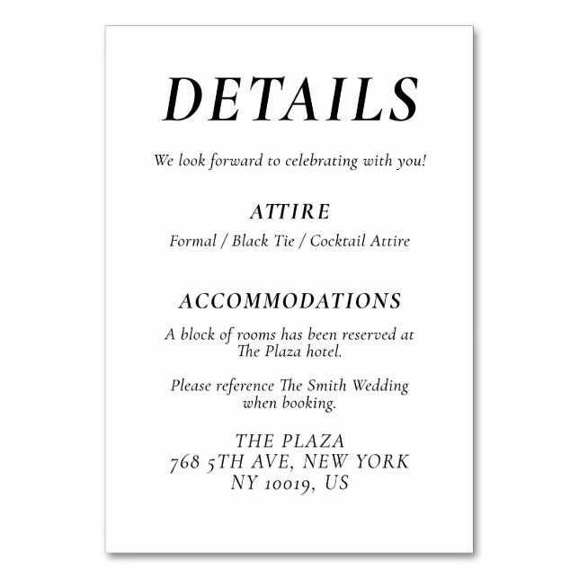 Timeless Elegant White Wedding Detail Cards Bordsnummer (Framsidan)