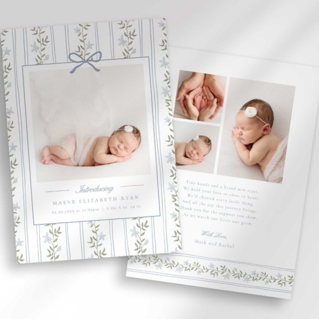 Timeless Floral Bow Photo Birth Announcement Meddelande (Skapare uppladdad)