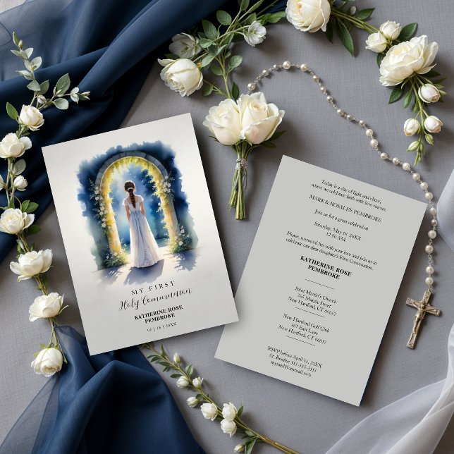 Timeless Holy First Communion Nice Girl  Inbjudningar (Timeless Holy First Communion Nice Girl on a Romantic Garden with Classic Arch Invitations Cards. )