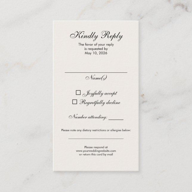 Timeless Ivory Calligraphy Wedding RSVP Card Visitkort (Framsida)