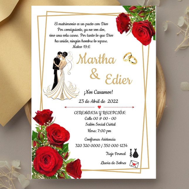 Timeless Love Red Elegance Wedding Invitation  Inbjudningar (Classic Red Roses & Gold Religious Wedding Invite. Elegant, traditional and fully customizable)