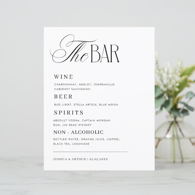 Timeless Luxe Script Classy Wedding Bar Drink Menu (Stående Fram)