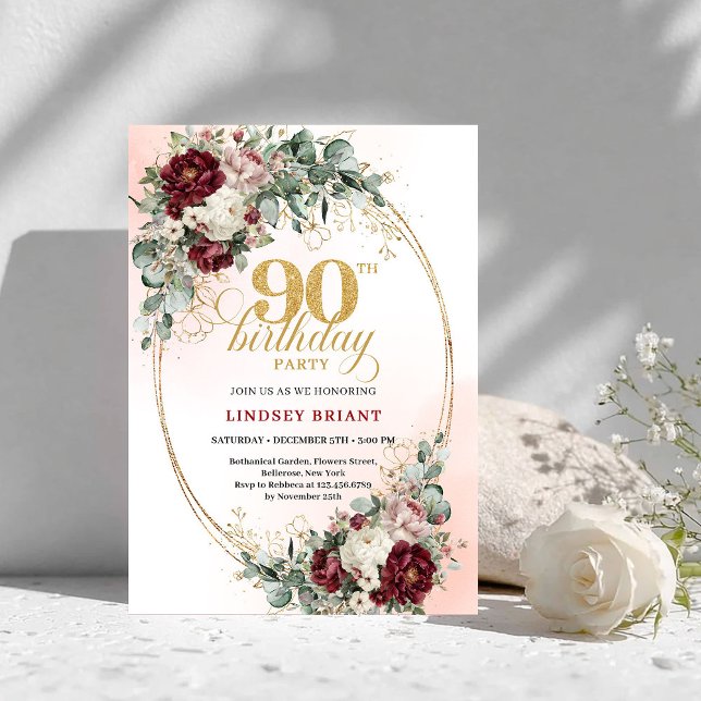 Timeless Maroon Floral Eucalyptus 90th Birthday  Inbjudningar (Timeless Maroon Floral Eucalyptus 90th Birthday Invite)