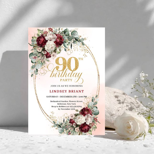 Timeless Maroon Peonies Eucalyptus 90th Birthday Inbjudningar (Timeless Maroon Peonies Eucalyptus 90th Birthday)
