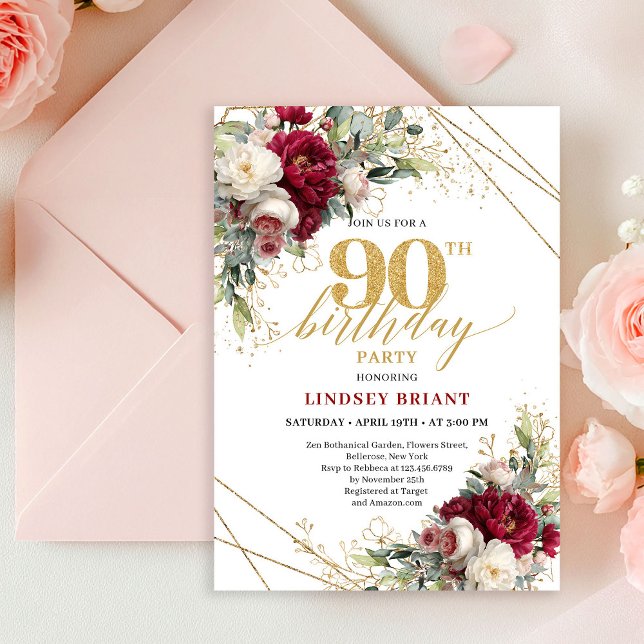 Timeless Marsala Floral Gold 90th Birthday Invite Inbjudningar (Timeless Marsala Floral Gold 90th Birthday Invite)