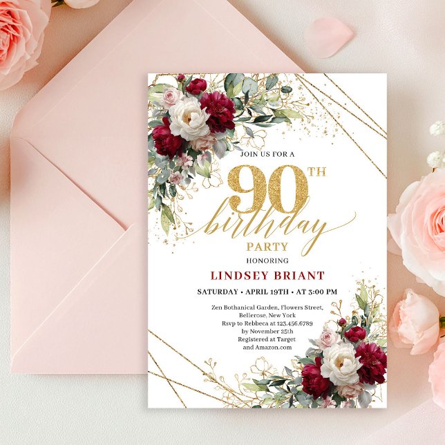 Timeless Merlot Floral Gold 90th Birthday Invite Inbjudningar (Timeless Merlot Floral Gold 90th Birthday Invitation)