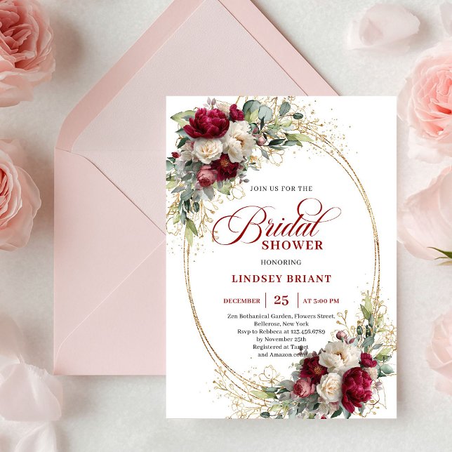 Timeless Merlot Rose Gold Bridal Shower Invitation Inbjudningar (Timeless Merlot Rose Gold Bridal Shower Invitation)