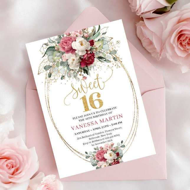 Timeless Red Burgundy Gold Floral Sweet 16 Invite Inbjudningar (Timeless Red Burgundy Gold Floral Sweet 16 Invitation)