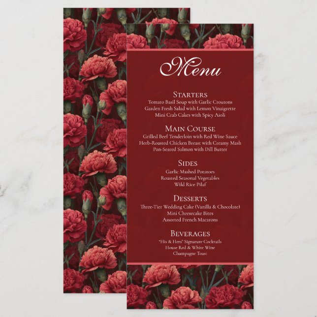 Timeless Red Carnation Aesthetic Boho Wedding Meny (Fram/baksida)