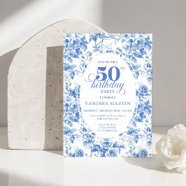 Timeless Royal Blue Toile de Jouy 50th Birthday  Inbjudningar