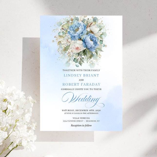 Timeless Rustic Pastel Blue Peony Gold Wedding Inbjudningar (Timeless Rustic Pastel Blue Peony Gold Wedding Invitation)