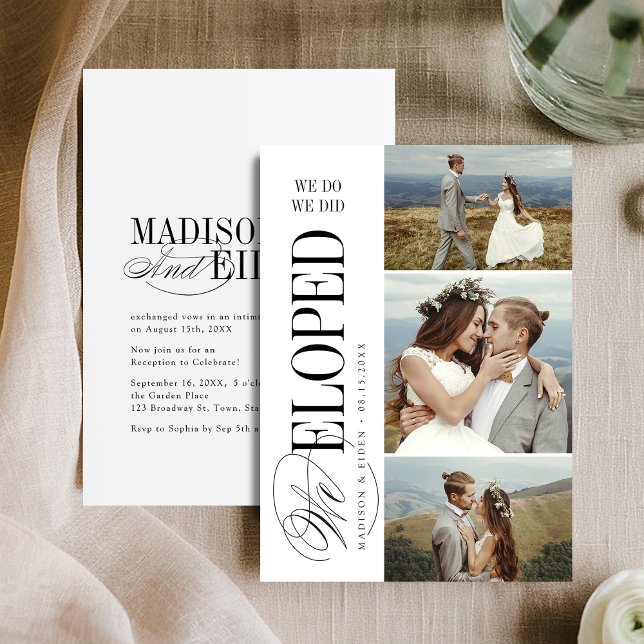 Timeless Typography 3 photo We Eloped Reception Inbjudningar (Timeless Typography 3 photo We Eloped Reception Invitation)